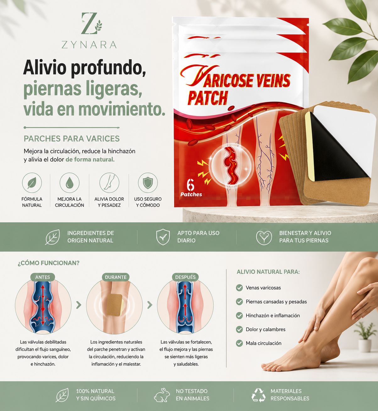 Alivia la pesadez y el cansancio de las piernas con los parches para varices ZYNARA. Fórmula natural, fácil de usar y diseñada para tu bienestar diario.