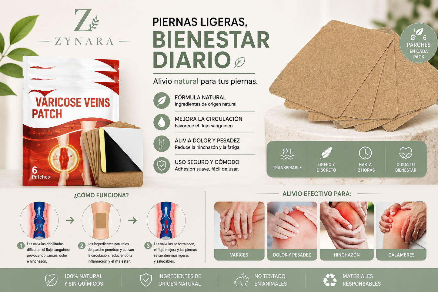 Alivia la pesadez y el cansancio de las piernas con los parches para varices ZYNARA. Fórmula natural, fácil de usar y diseñada para tu bienestar diario.