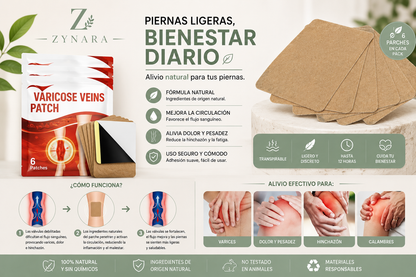 Alivia la pesadez y el cansancio de las piernas con los parches para varices ZYNARA. Fórmula natural, fácil de usar y diseñada para tu bienestar diario.