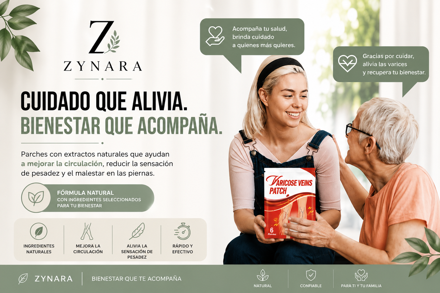 Alivia la pesadez y el cansancio de las piernas con los parches para varices ZYNARA. Fórmula natural, fácil de usar y diseñada para tu bienestar diario.