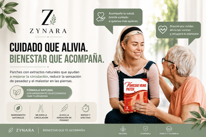 Alivia la pesadez y el cansancio de las piernas con los parches para varices ZYNARA. Fórmula natural, fácil de usar y diseñada para tu bienestar diario.