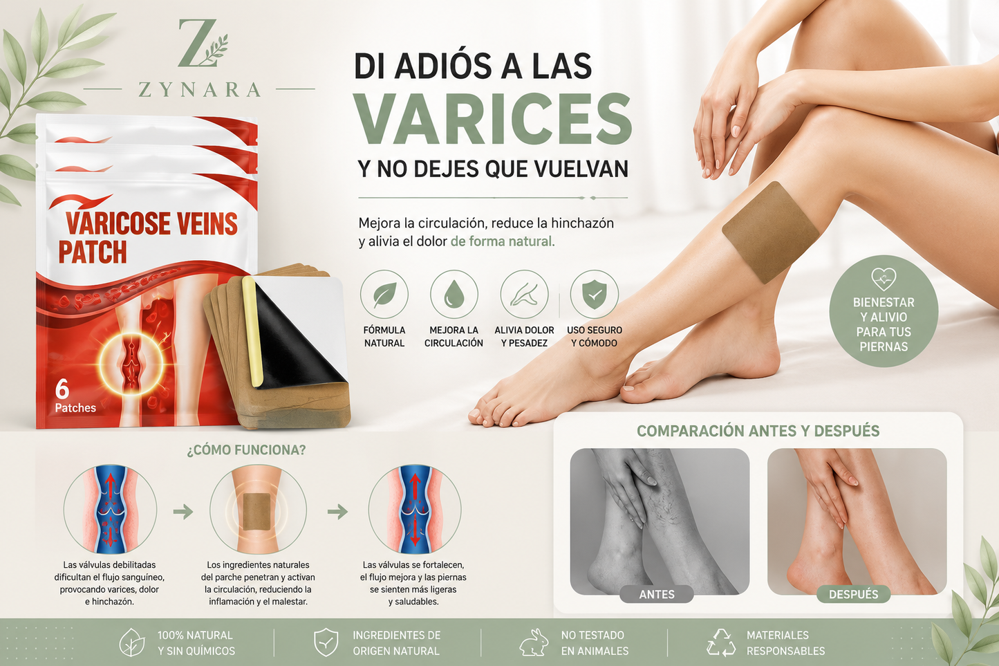 Alivia la pesadez y el cansancio de las piernas con los parches para varices ZYNARA. Fórmula natural, fácil de usar y diseñada para tu bienestar diario.